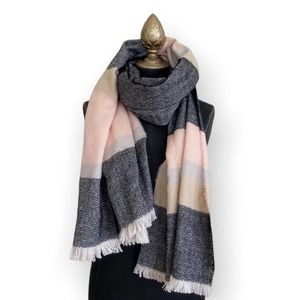 Isaac Mizrahi Black Tan Pink Striped Knit Scarf With Fringe